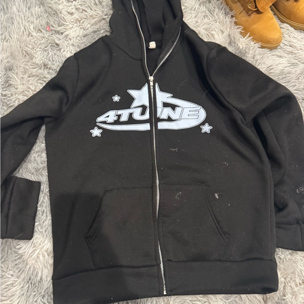 Black Zip-Up Hoodie with Graphic Design